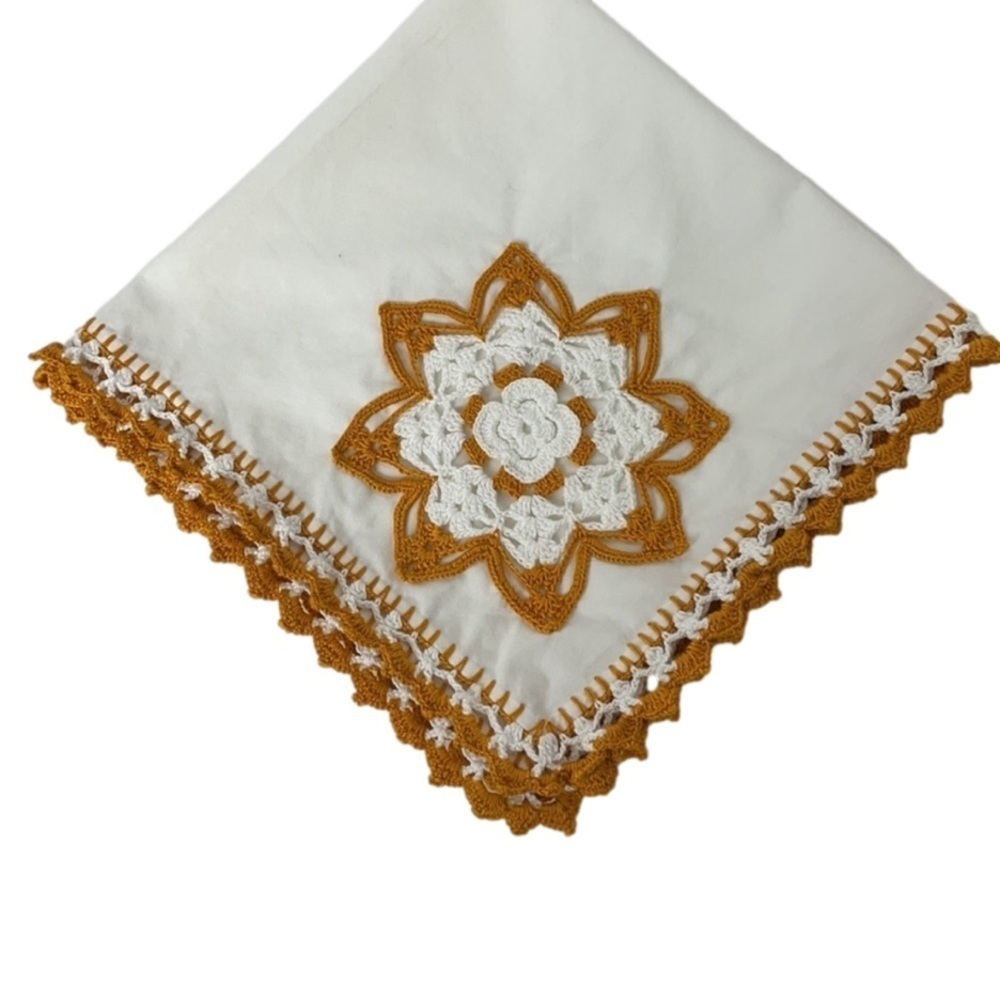 Hand Crafted Square Cotton Crocheted Edges & Flower Handkerchief 19” x 19”